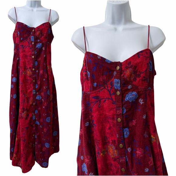 Free People Dresses & Skirts - Free People Corduroy Gail Smocked Floral Midi Dress Size M Red Boho Whimsigoth